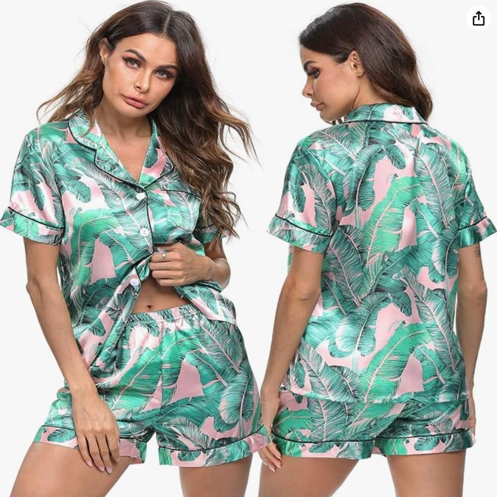 Womens Silk Satin Pajamas Short Sleeve Loungewear Two-Piece Sleepwear Button-Dow